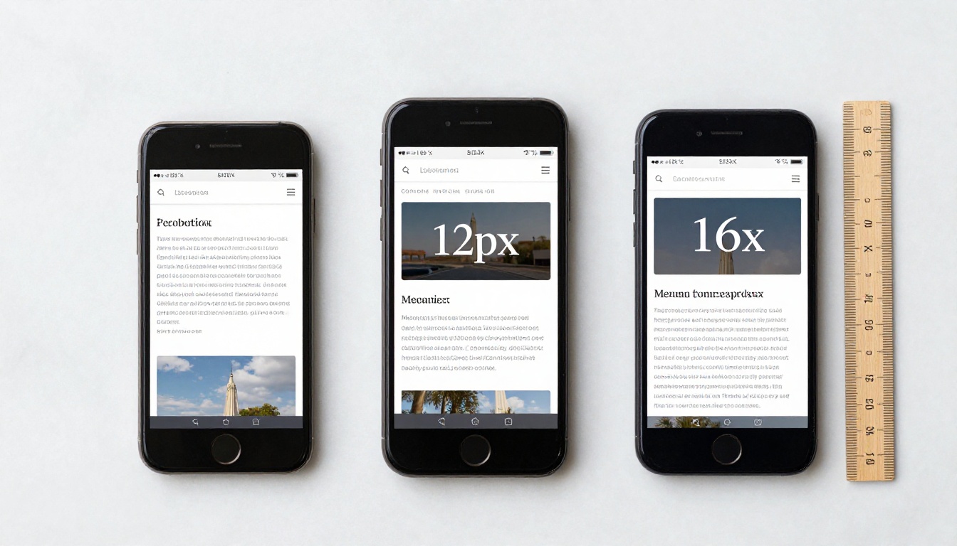 Three smartphones showing the same content at different text sizes