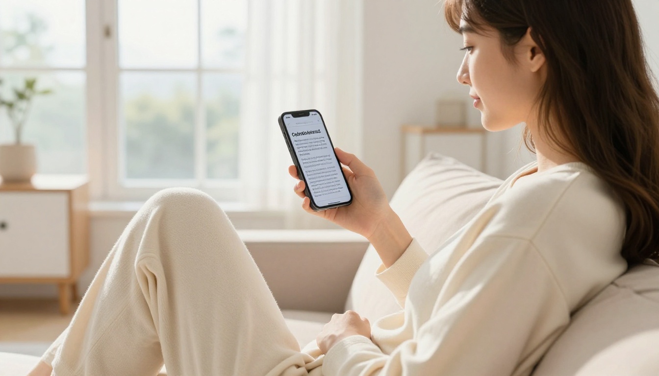 A woman relaxed and comfortably reading a flipbook on her smartphone
