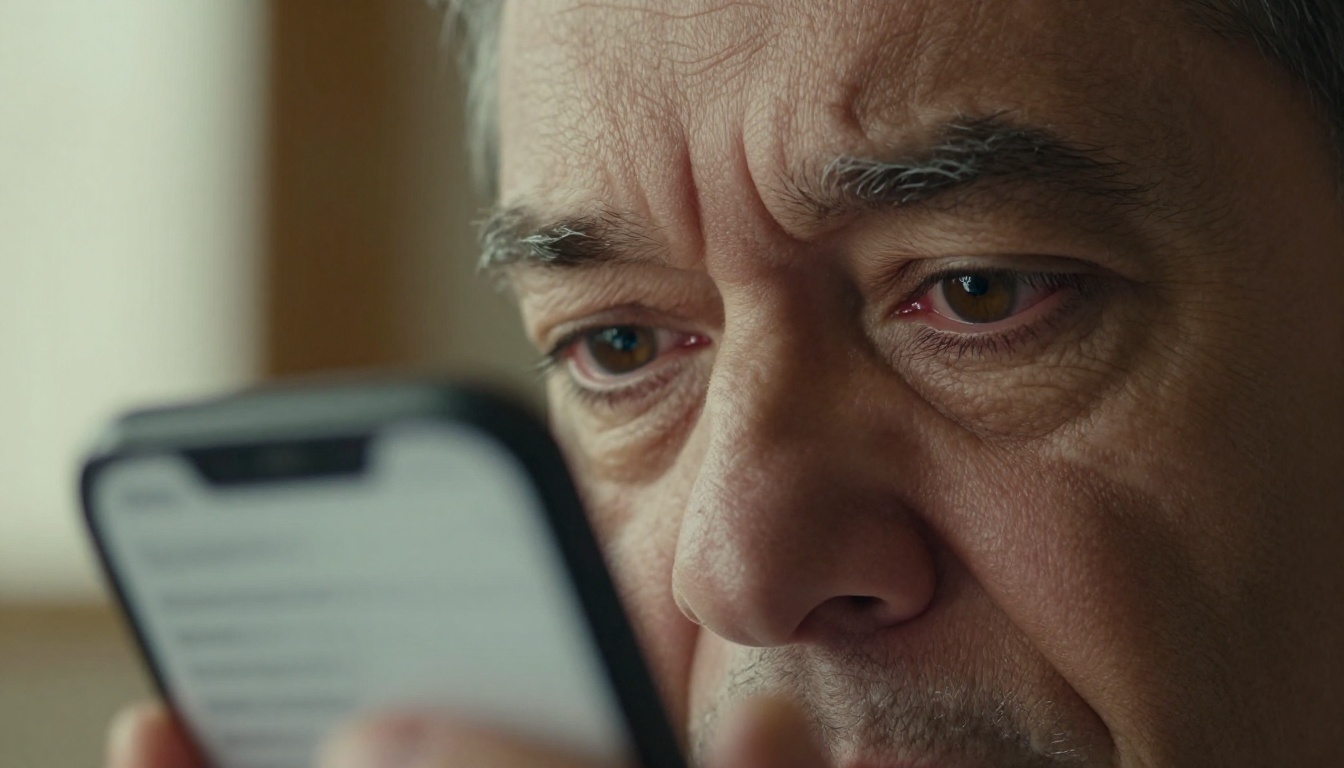 Close-up of an older man's eyes showing visible strain from reading small text