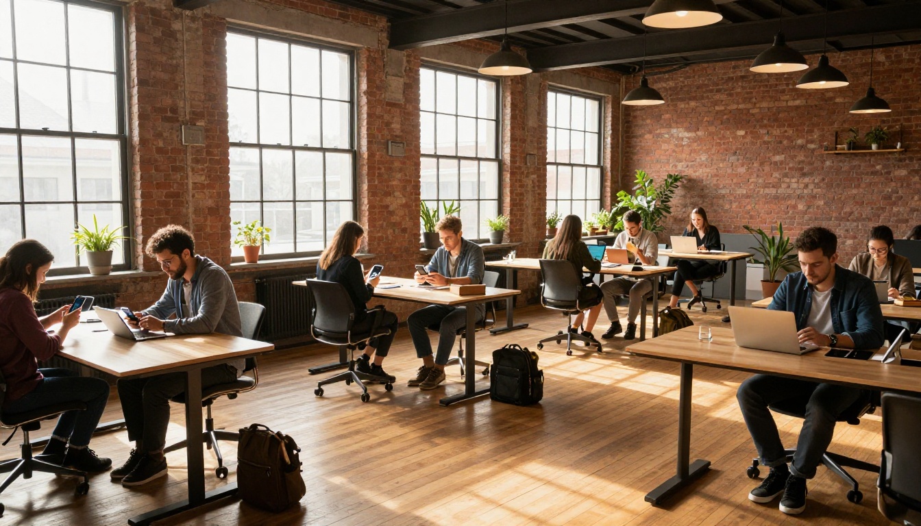 Professionals in a modern coworking space reading on mobile devices