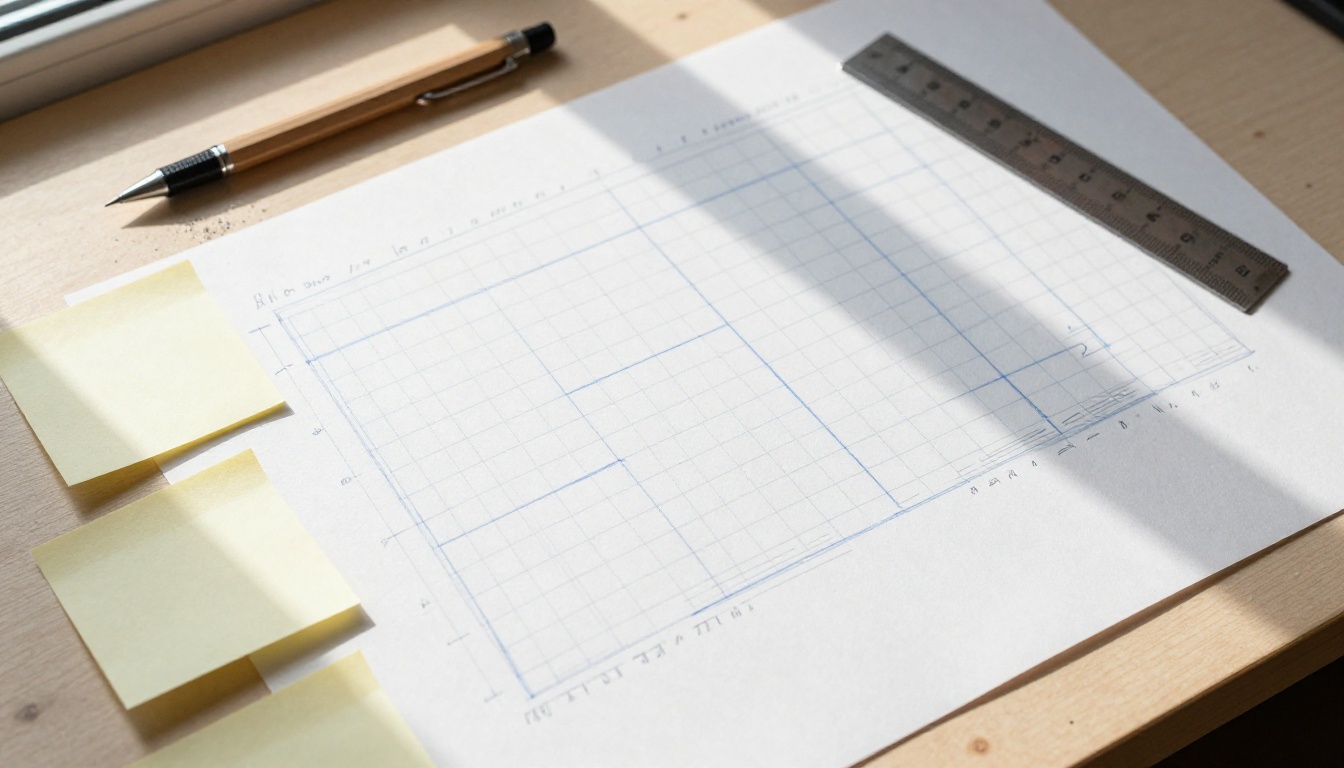 Hand-drawn page layout grid sketches on drafting paper with blue ink column dividers and margin annotations in a designer's workspace Hand-drawn page layout grid sketches on drafting paper with blue ink column dividers and margin annotations in a designer's workspace