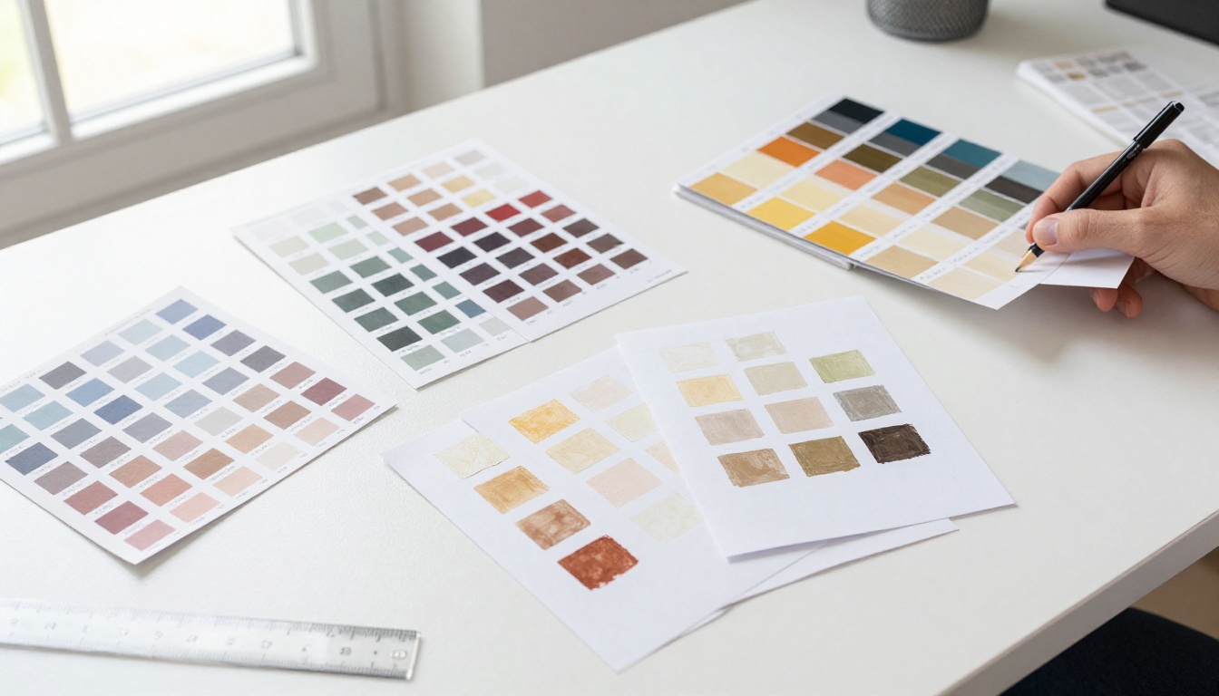 A designer's desk with organized Pantone color swatch books fanned open and printed color palette reference cards in earth tones and navy A designer's desk with organized Pantone color swatch books fanned open and printed color palette reference cards in earth tones and navy
