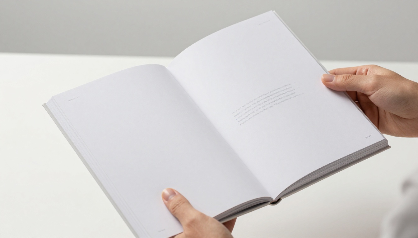 Designer hands holding open a printed luxury product catalog with minimal page numbers