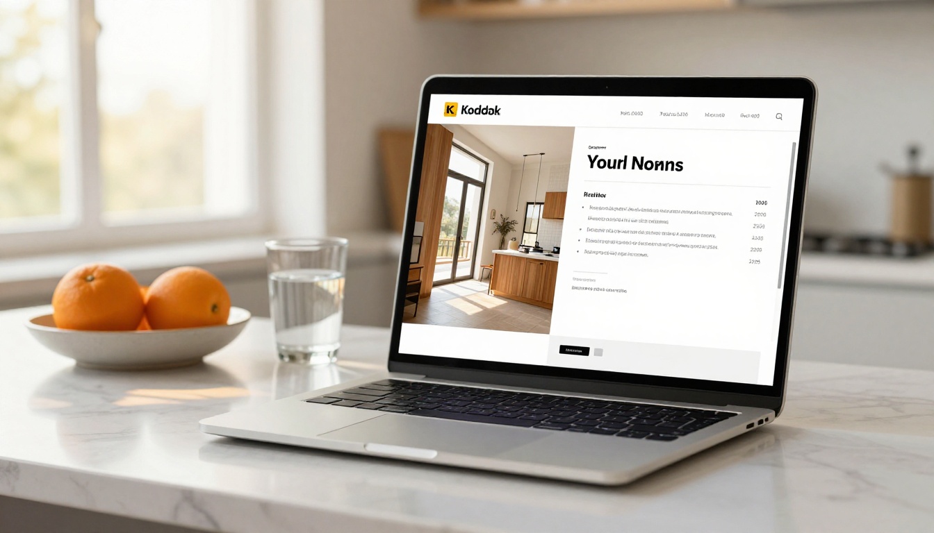 A laptop screen displaying a clean two-column digital page layout with a lifestyle photo on the left and structured text with bullet points on the right A laptop screen displaying a clean two-column digital page layout with a lifestyle photo on the left and structured text with bullet points on the right