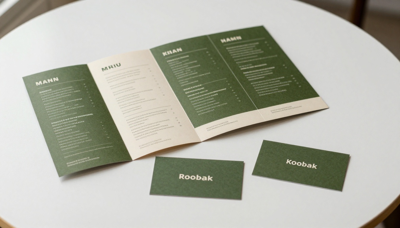 Multiple printed design pieces sharing the same visual identity, showing brand consistency across brochures, a catalog, and a menu card laid out on a white surface Multiple printed design pieces sharing the same visual identity, showing brand consistency across brochures, a catalog, and a menu card laid out on a white surface