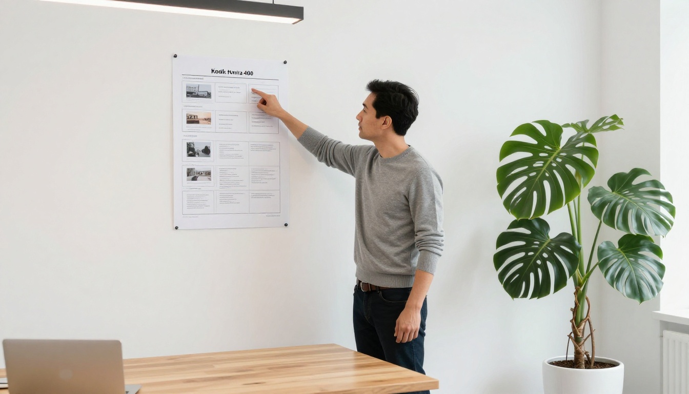 A man at a wooden standing desk reviewing a structured document layout pinned to a white wall, pointing at a feature block section in a minimalist office