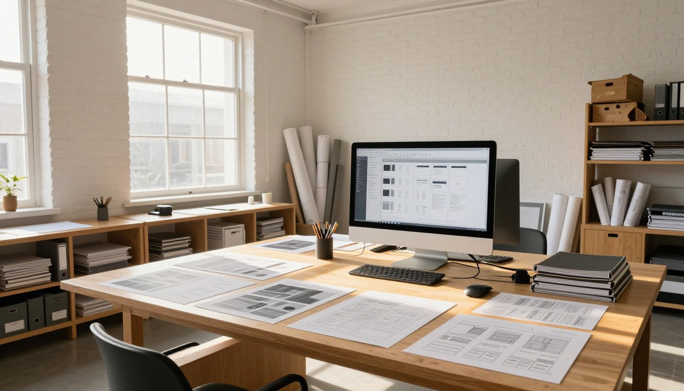 A wide-angle view of a bright organized design studio with labeled project binders on shelves, a central worktable with layout printouts, and a template library visible on screen