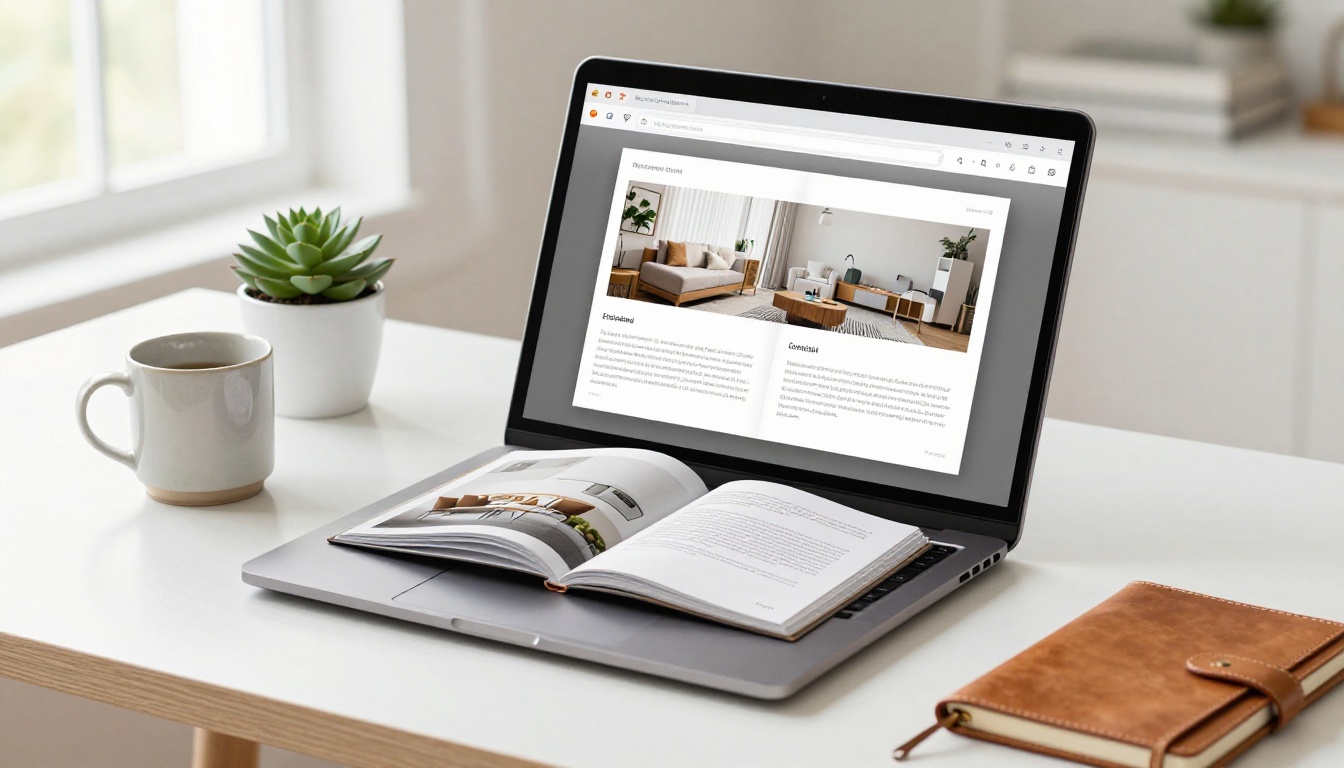 MacBook laptop showing a digital flipbook open in a browser with clean two-page spread layout