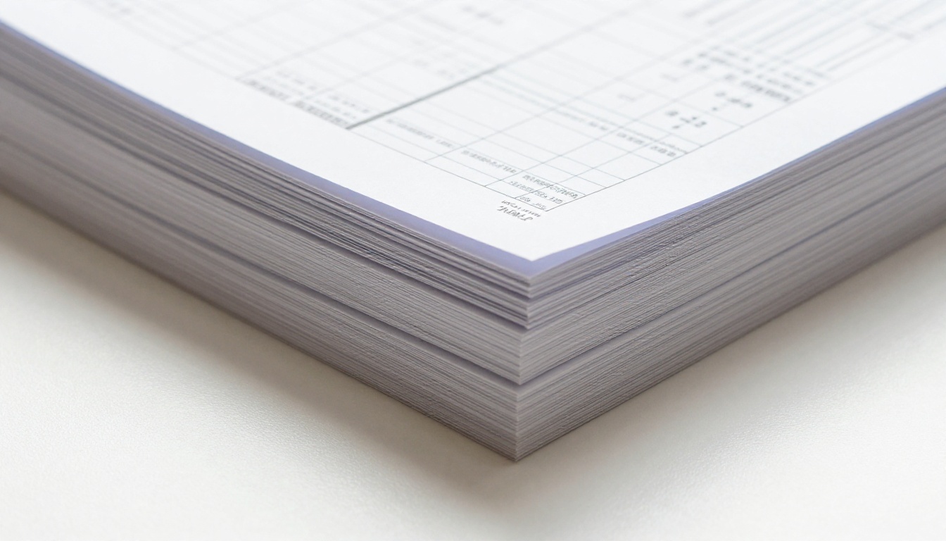A neat stack of multipage printed documents slightly fanned apart, all sharing a consistent page layout structure visible across covers and inner pages