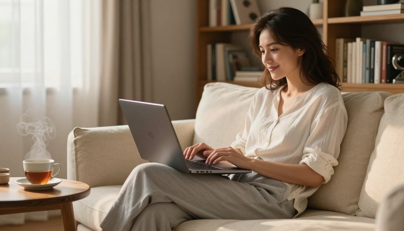 A woman sitting comfortably on a cream linen sofa reviewing a digital flipbook on her laptop with a relaxed, satisfied expression, warm afternoon light through sheer curtains