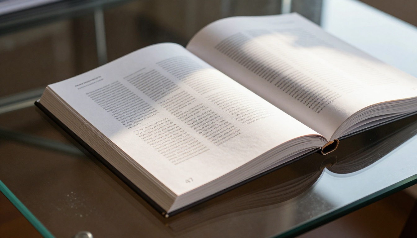 Low-angle close-up of an open annual report on a glass conference table showing clean page number in margin