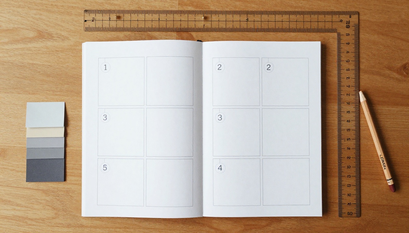 Designer working desk with printed brochure layout spread, ruler measuring margins, and gray color swatches