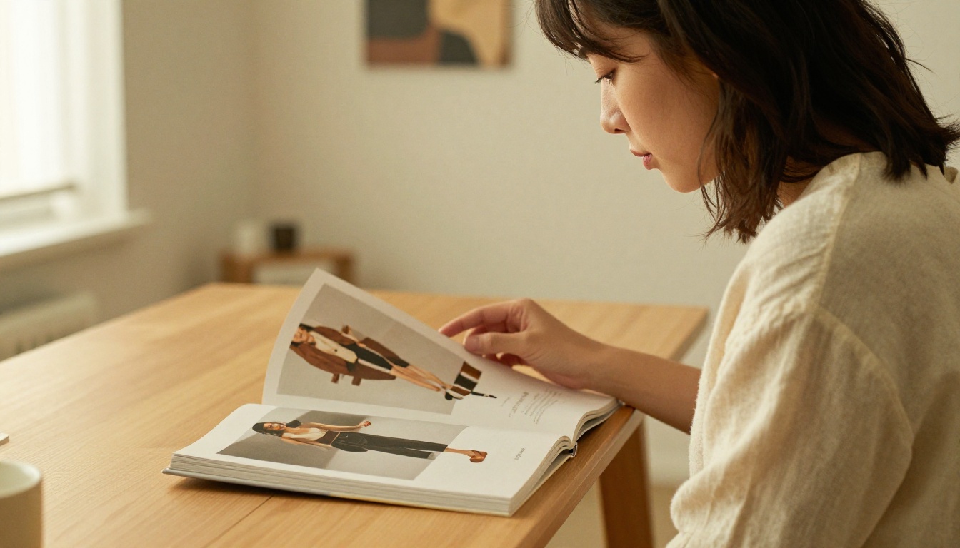 Young woman reading a printed fashion lookbook catalog with barely visible elegant page numbers in lower corners