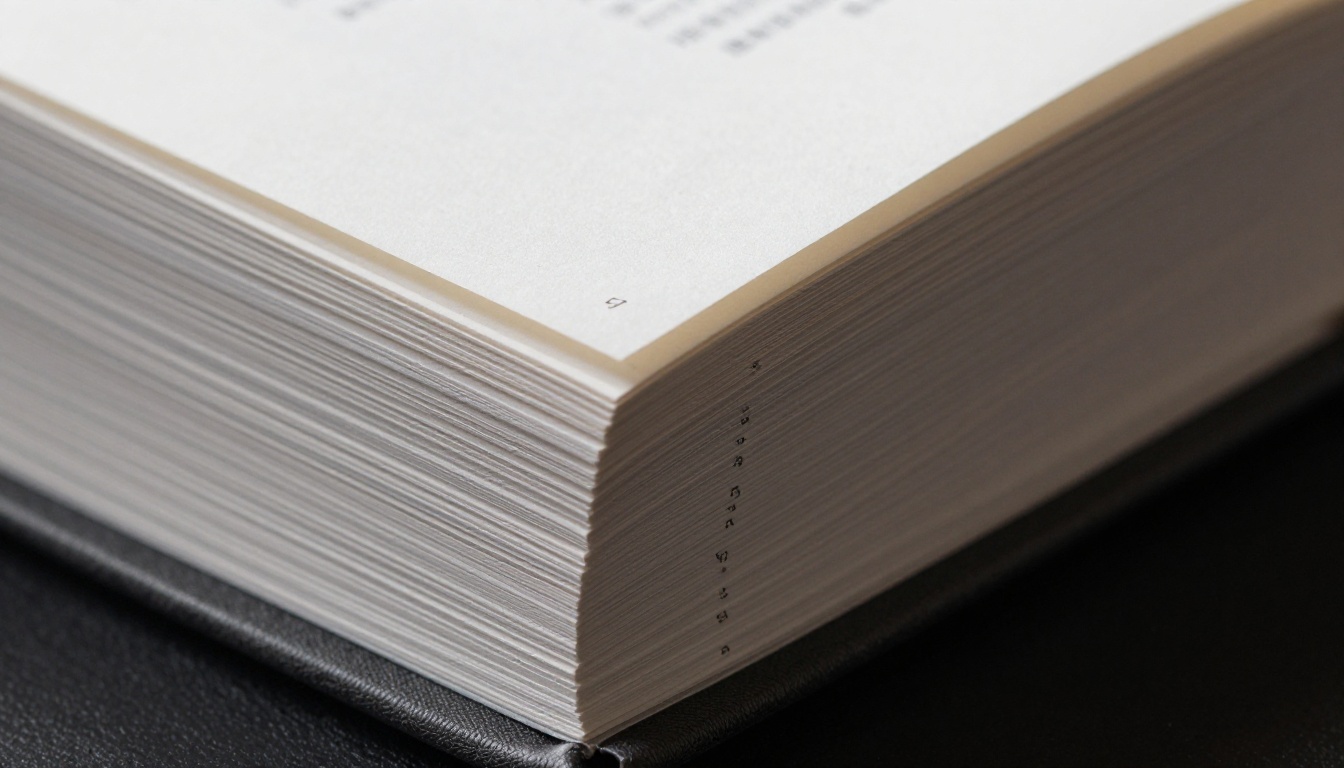 Extreme close-up of a premium publication spine and bound page edges with folio numbers on page sides