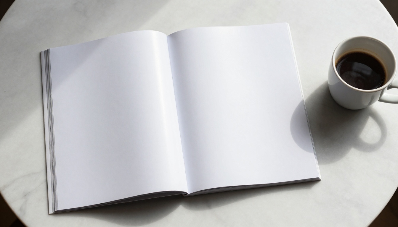 Blank final page of a printed magazine on white marble table showing wasted white space Blank final page of a printed magazine on white marble table showing wasted white space