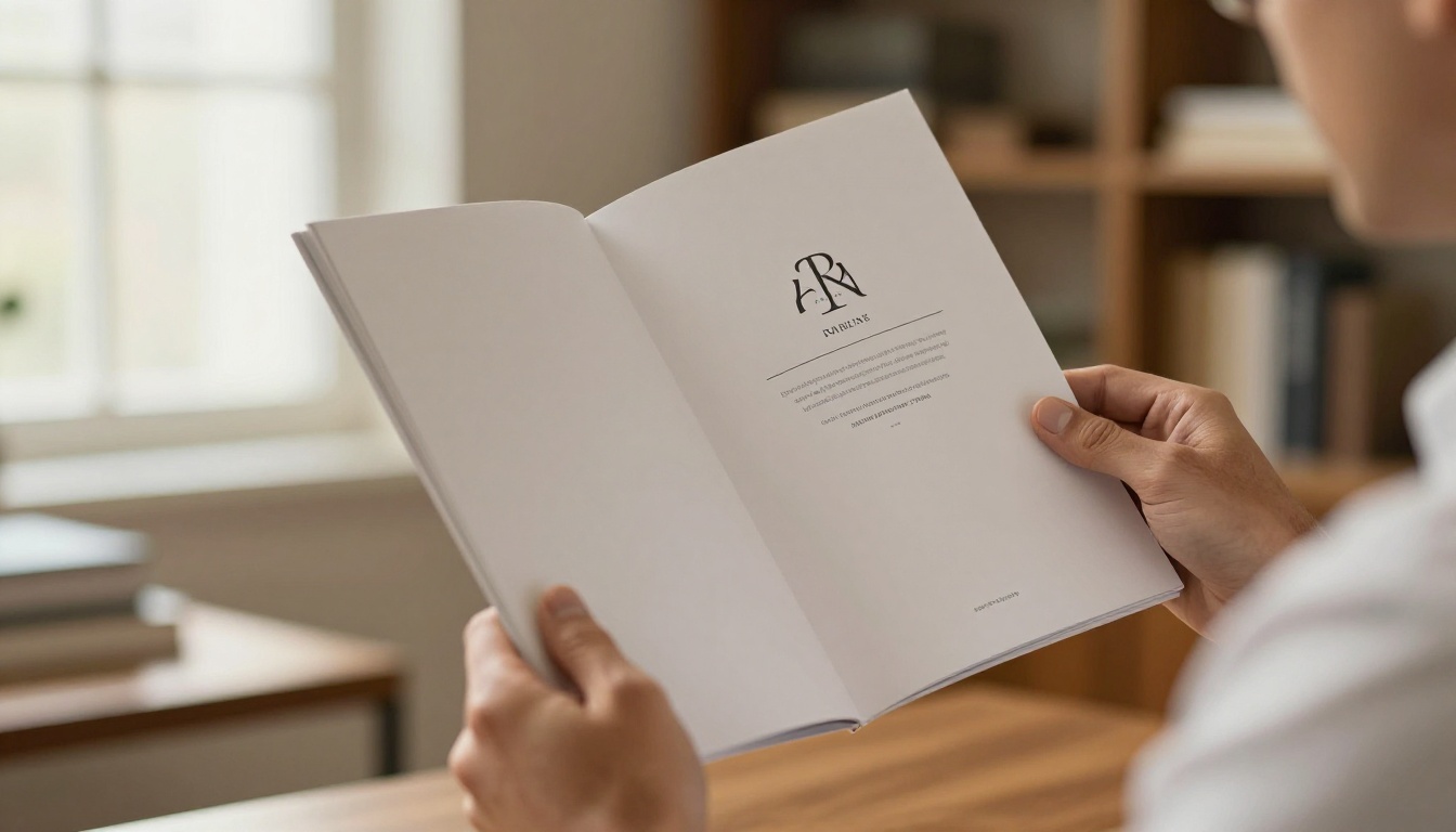Marketing professional holding premium luxury catalog displaying a professional back page design Marketing professional holding premium luxury catalog displaying a professional back page design