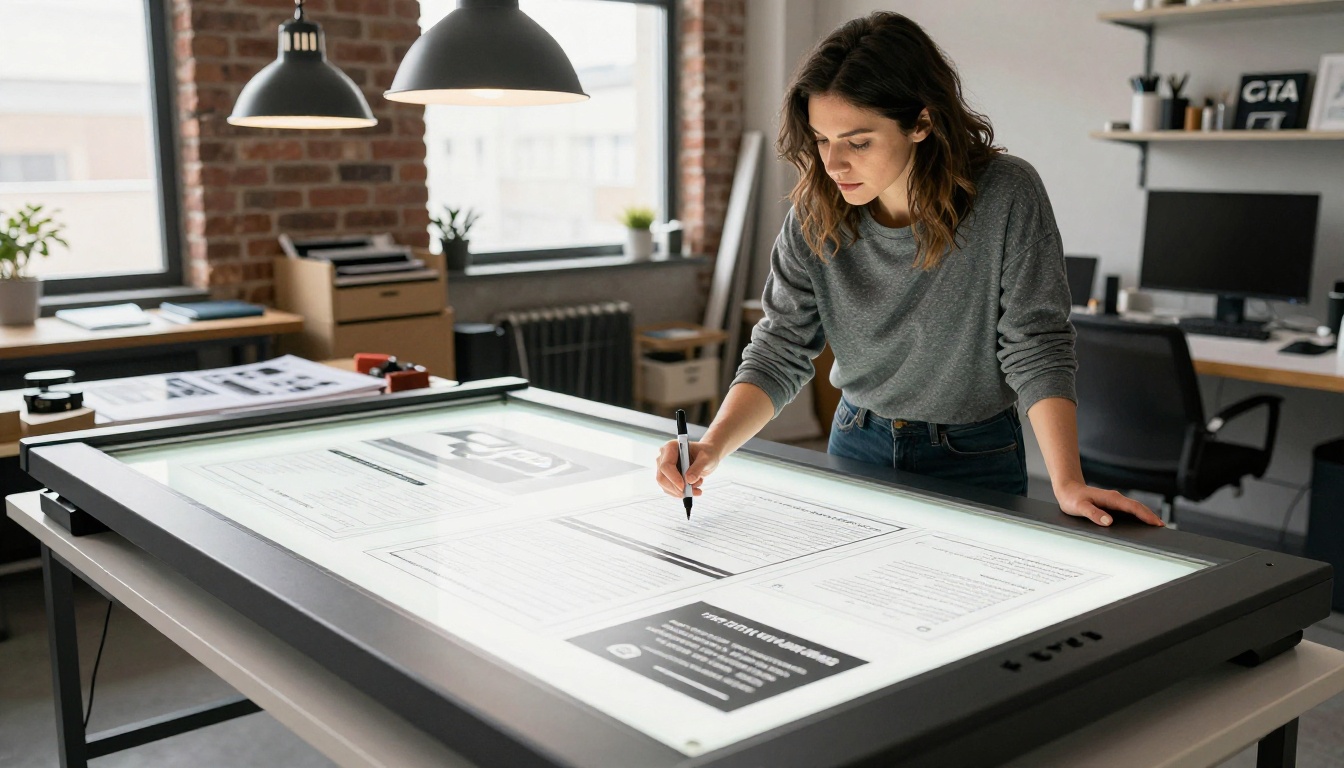 Female graphic designer pointing to layout zones on an opened publication on a glowing studio light table Female graphic designer pointing to layout zones on an opened publication on a glowing studio light table