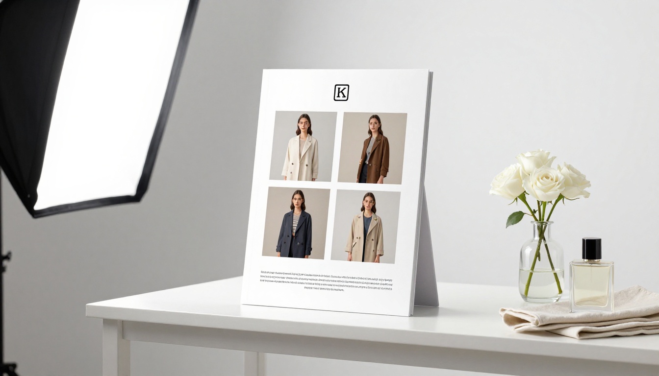 Fashion catalog propped open on white surface showing professional back page with product grid and brand elements Fashion catalog propped open on white surface showing professional back page with product grid and brand elements