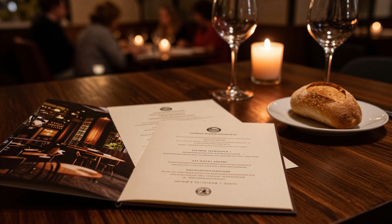 Upscale restaurant menu opened on dark walnut table showing back page with atmospheric dining room photo and reservation contact details