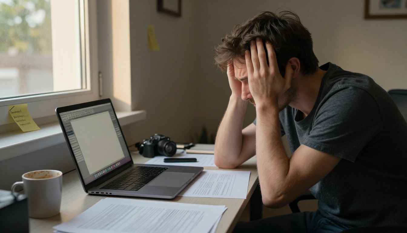 Frustrated marketing professional staring at a blank page on laptop screen in a cluttered home office