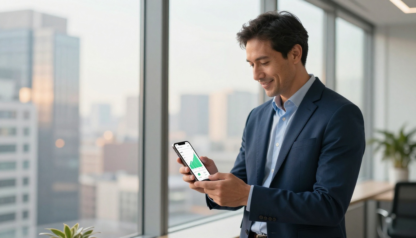 Confident business owner reviewing upward-trending analytics on smartphone standing by a floor-to-ceiling office window