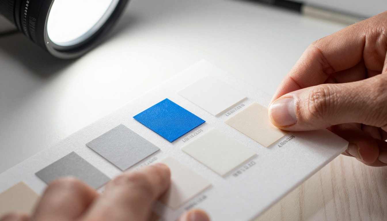 Single accent color swatches pinned on a white foam board, only one cobalt blue against ivory and grey