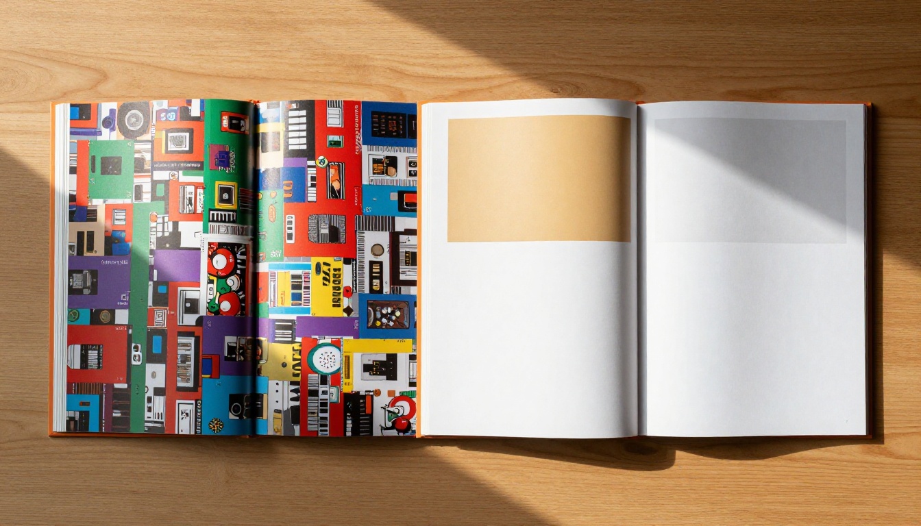 Side-by-side comparison of a multi-color catalog vs a single amber accent catalog on a pale oak desk