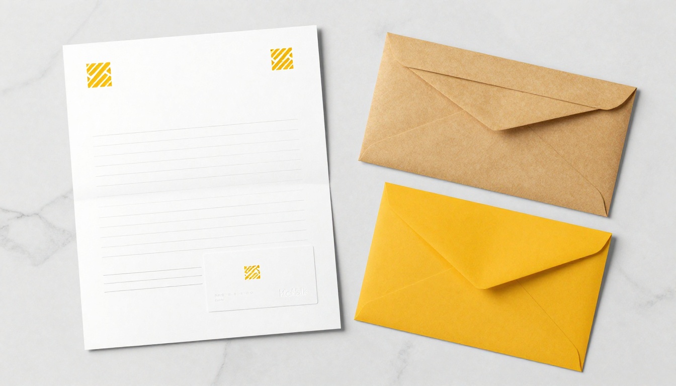 Brand identity materials flat lay with single mustard yellow accent on white marble surface