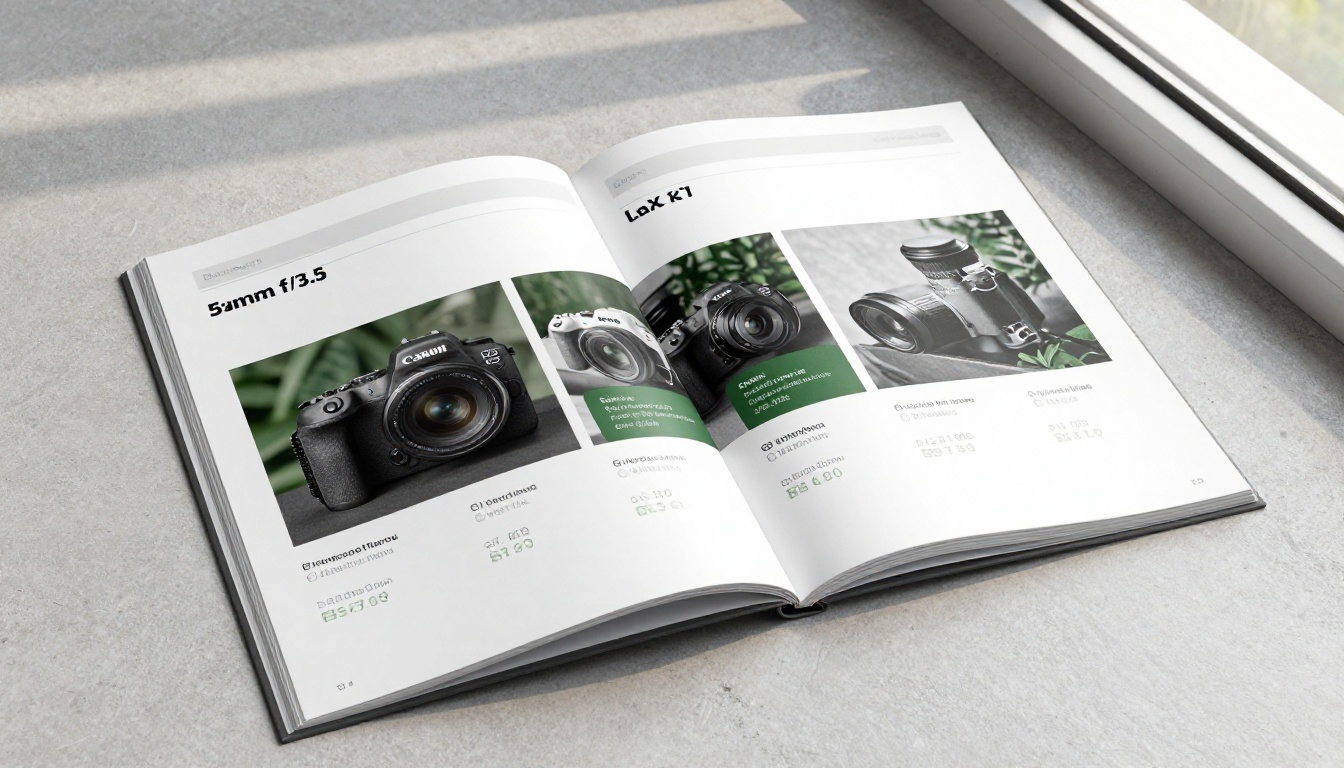 Product catalog with single forest green accent on category labels and price tags, angled view on concrete