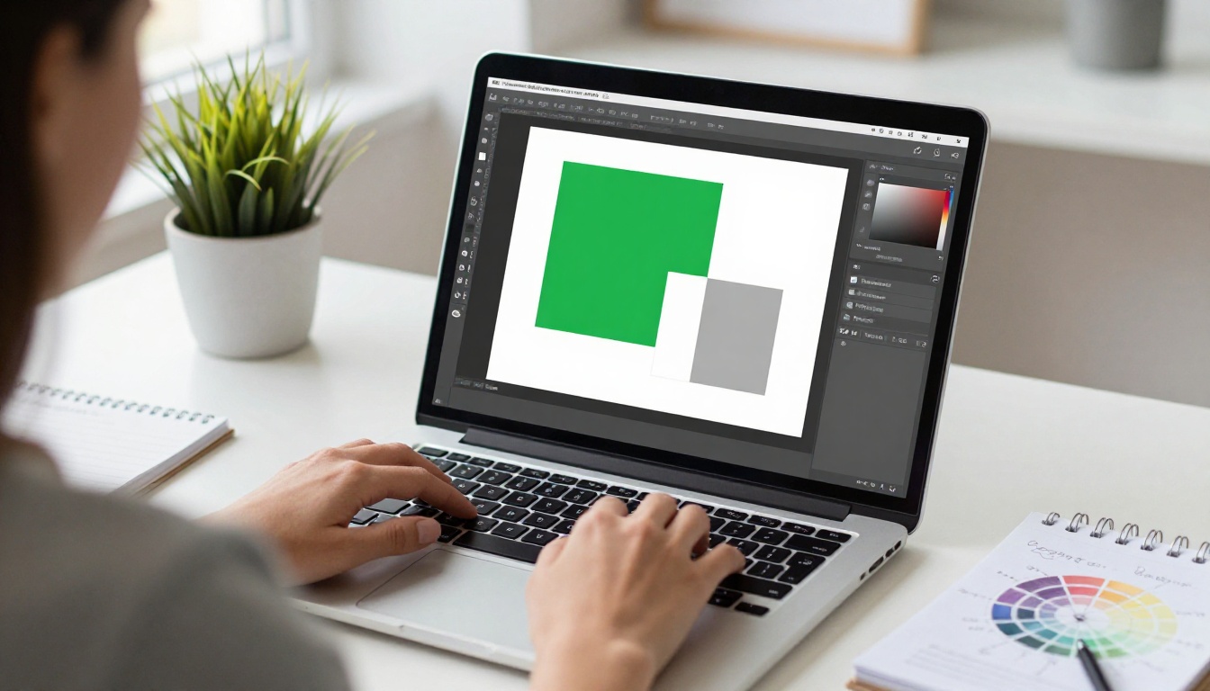 Designer's hands at MacBook with design software color panel showing single emerald green swatch selected Designer's hands at MacBook with design software color panel showing single emerald green swatch selected