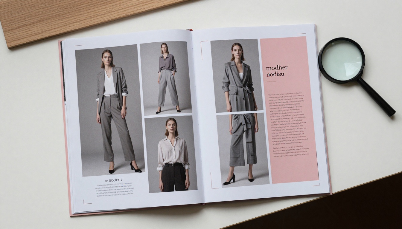 Fashion lookbook spread with dusty rose accent on model name labels and section titles, overhead flat lay Fashion lookbook spread with dusty rose accent on model name labels and section titles, overhead flat lay