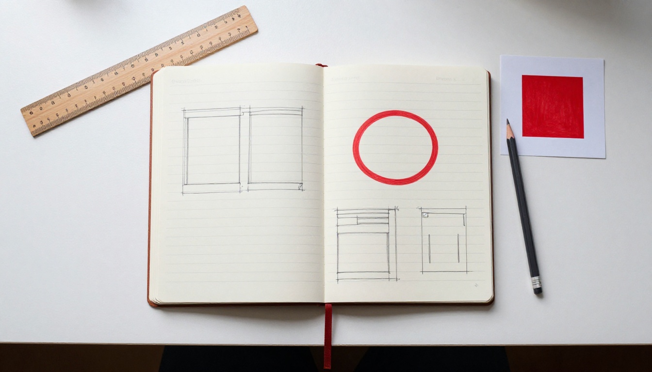 Minimal top-down workspace flat lay with notebook layout sketch and single scarlet red accent circle marked Minimal top-down workspace flat lay with notebook layout sketch and single scarlet red accent circle marked