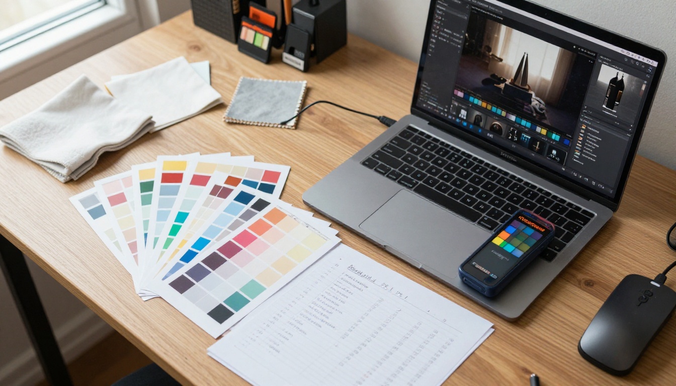 Color calibration workflow on a professional editing desk with swatch cards and Lightroom catalog open