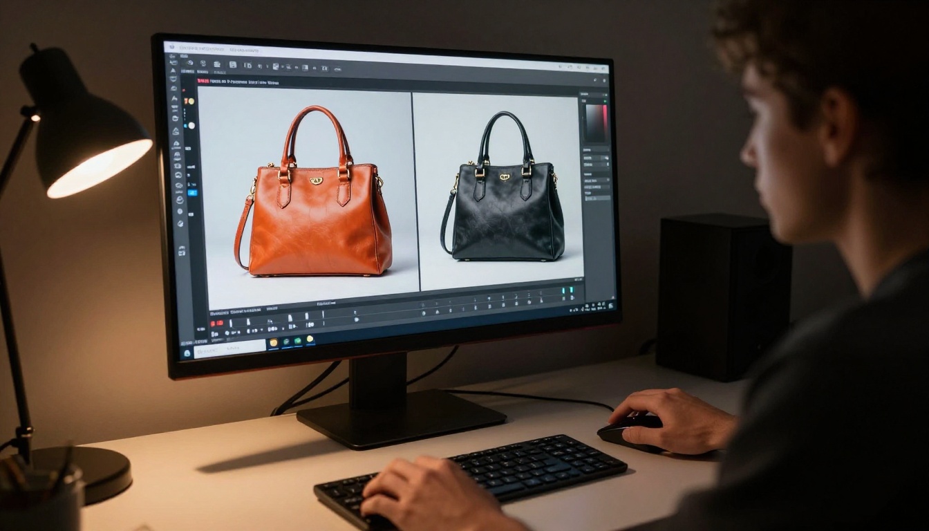 Designer adjusting white balance sliders on monitor showing before and after handbag product photo correction