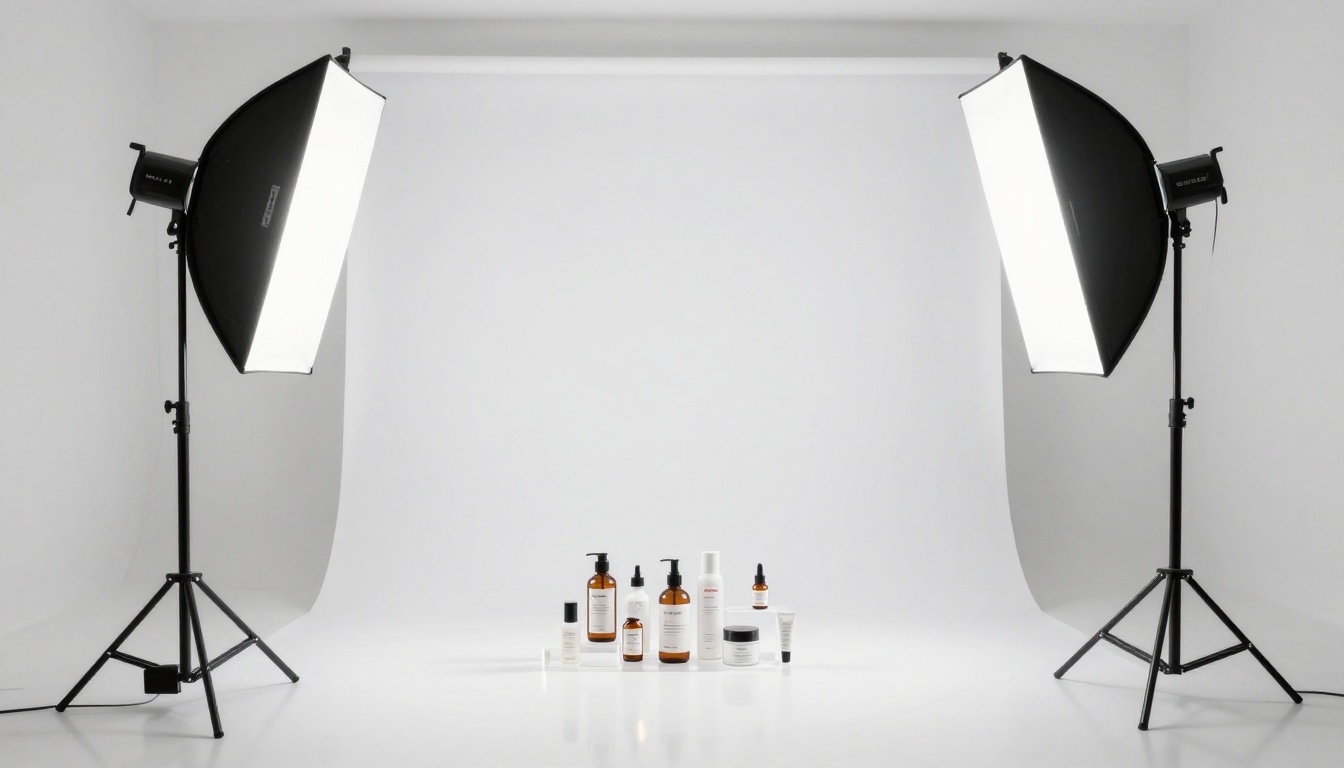 Low-angle wide shot of a professional product photography setup with white seamless backdrop and dual softboxes