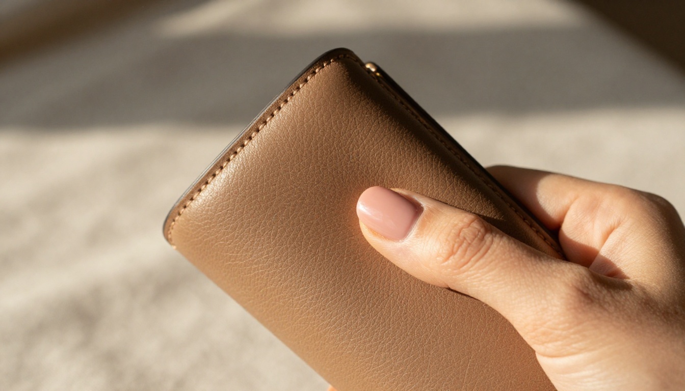 Macro close-up of a luxury leather wallet showing fine stitching texture in warm directional morning light