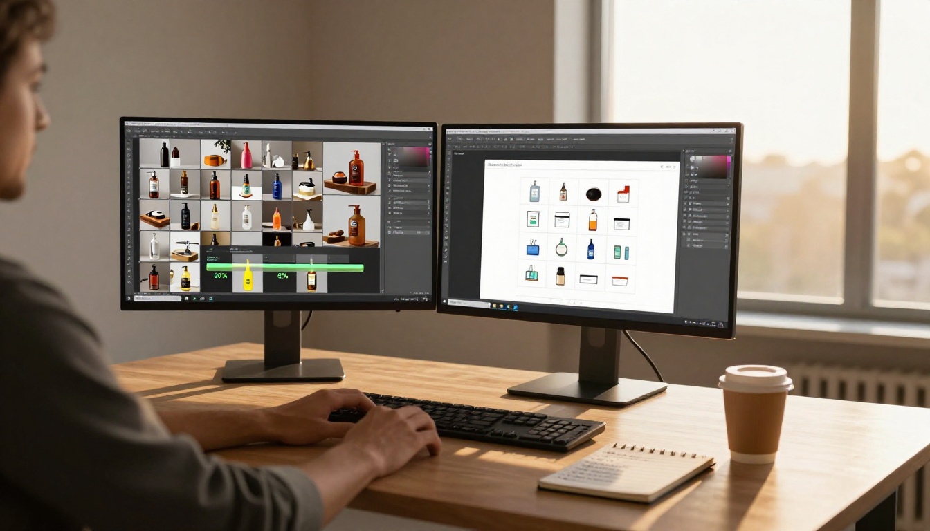 Photo editor at a standing desk with batch Photoshop action panel running across dozens of product images
