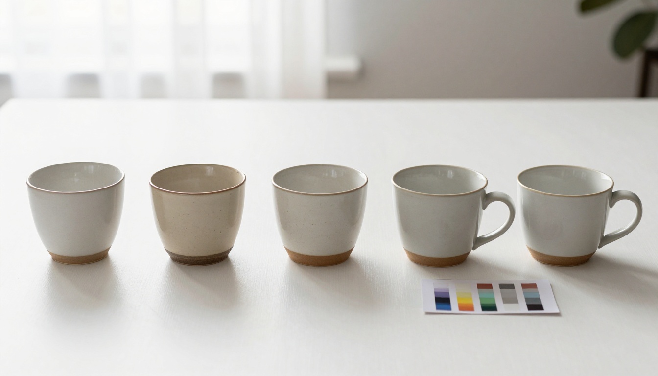 Flat lay comparison of five identical ceramic mugs in a row showing different exposure and white balance states