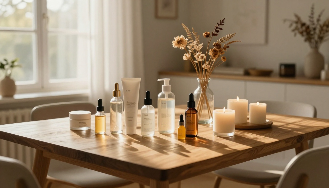 Wide angle lifestyle product photography scene with artisan skincare products in natural window light on wooden table