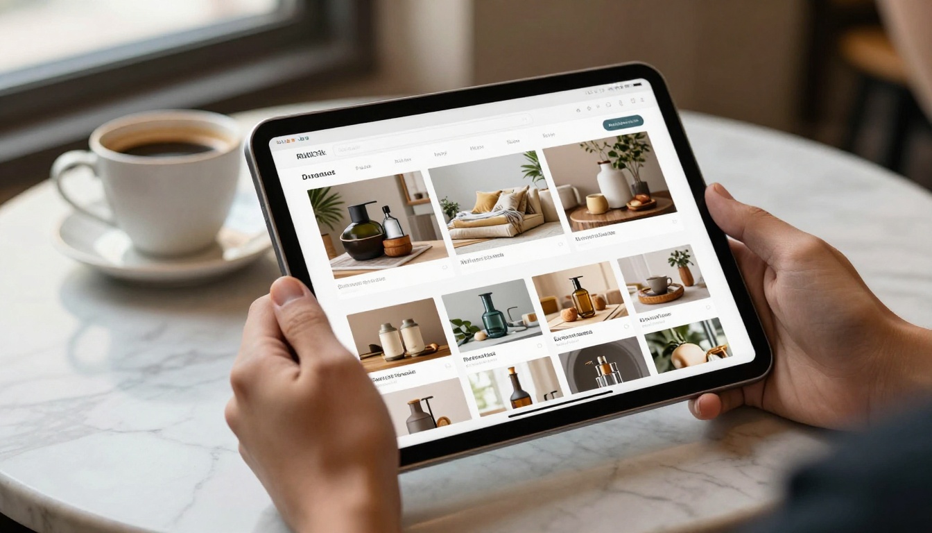 Person holding a tablet showing a clean digital product catalog page with consistent product imagery at a marble cafe table