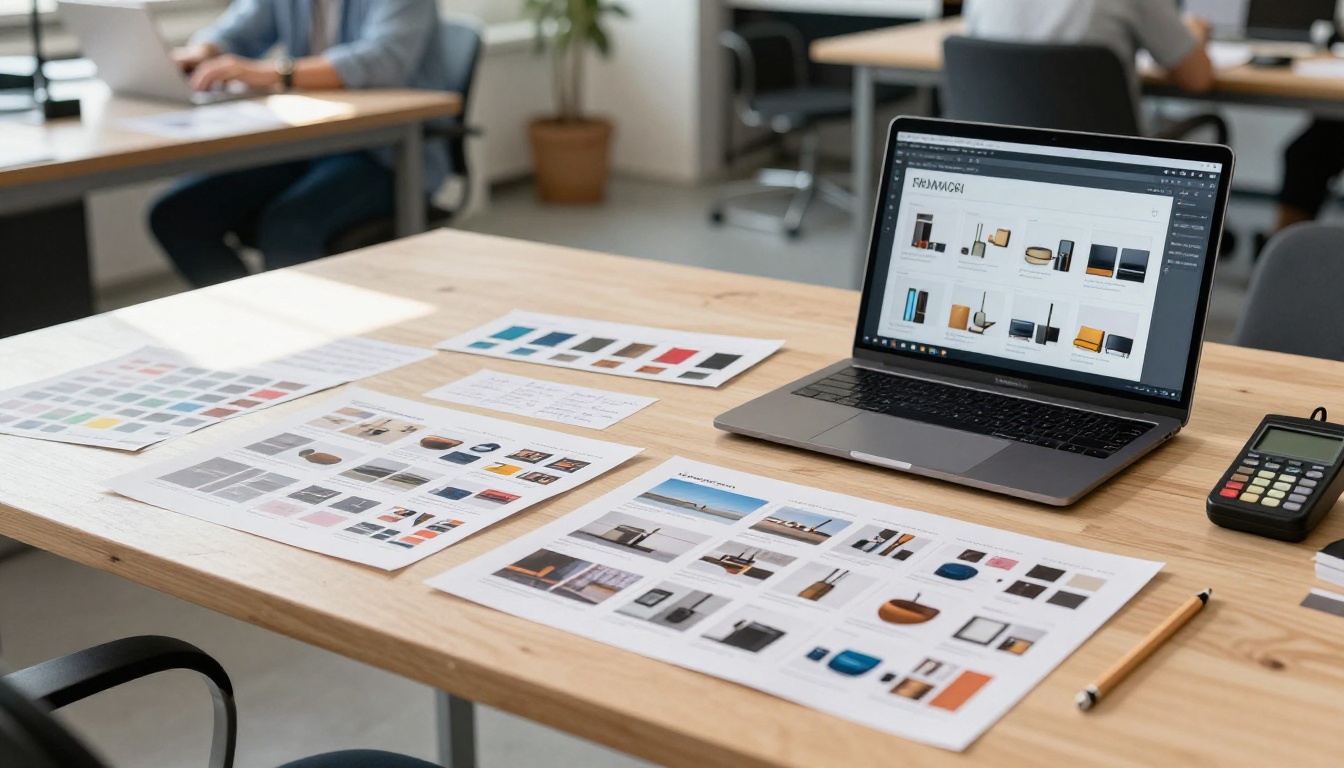 Creative professional reviewing printed catalog proofs alongside the digital version at a bright studio desk