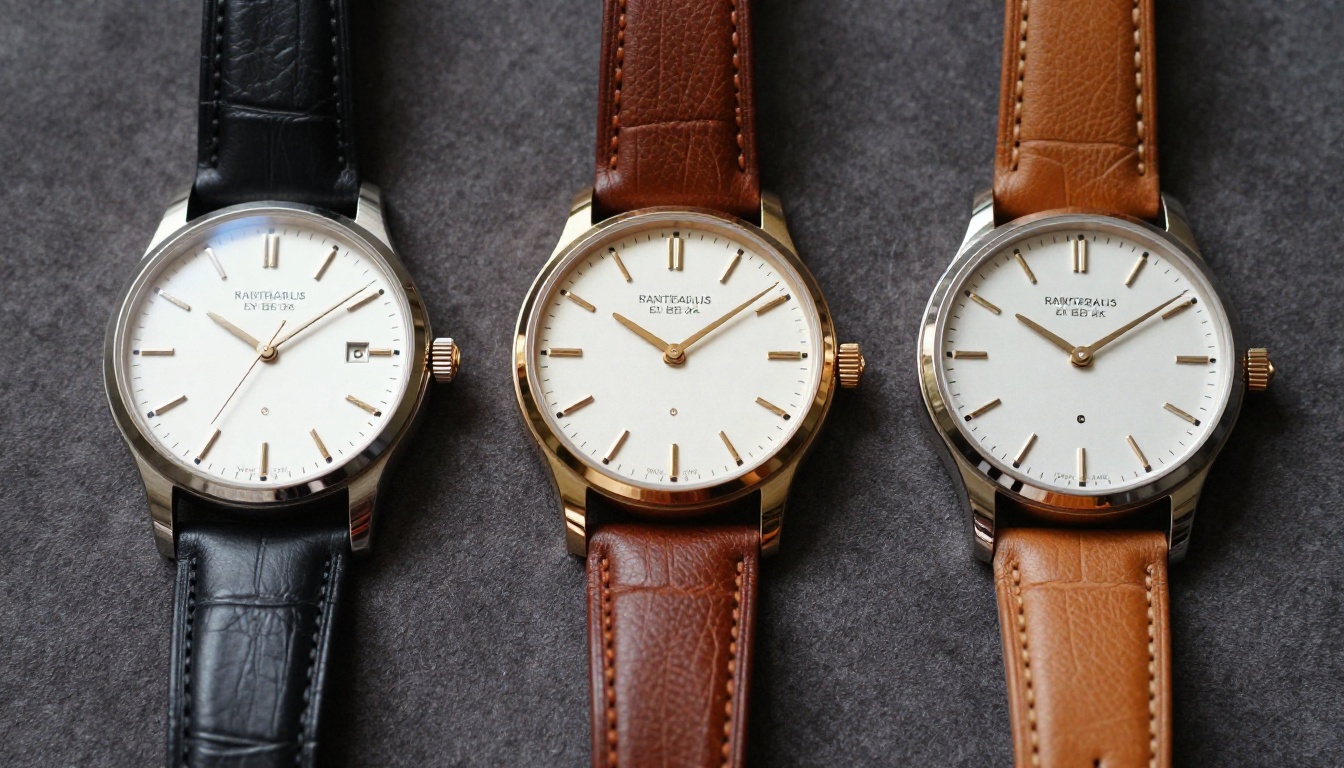 Luxury watches arranged in a perfect horizontal grid on charcoal suede fabric