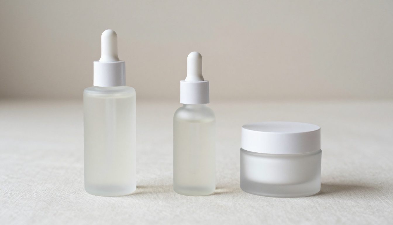 Minimalist skincare products arranged in a three-column grid on cream linen surface