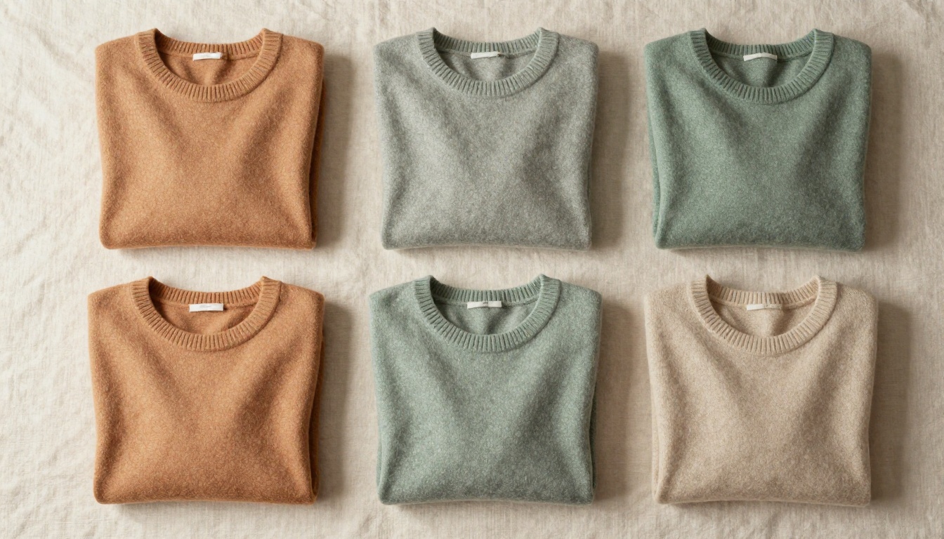 Four folded cashmere sweaters arranged in a 2x2 grid on natural linen surface
