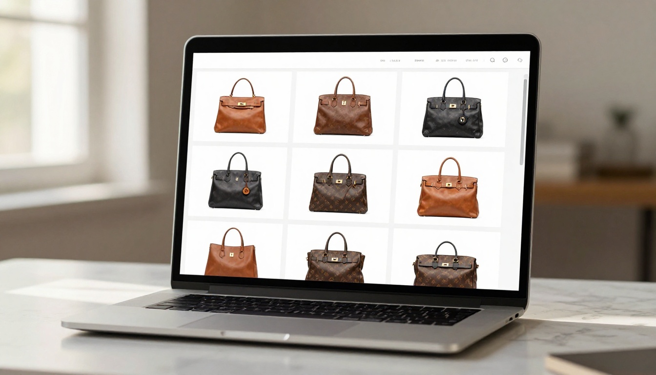 Luxury leather handbags displayed in a clean grid on a laptop ecommerce page
