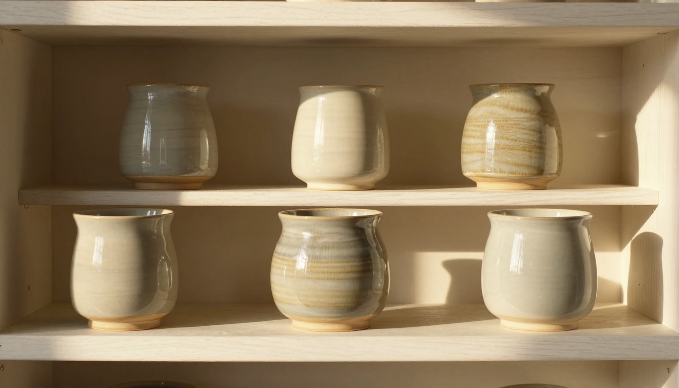Ceramic vases arranged in a three-column grid on a white oak shelf