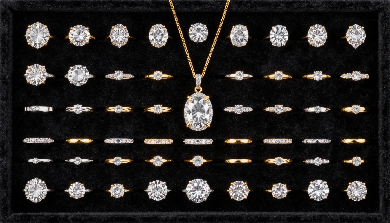 Fine jewelry collection arranged in a symmetric grid on black velvet Fine jewelry collection arranged in a symmetric grid on black velvet