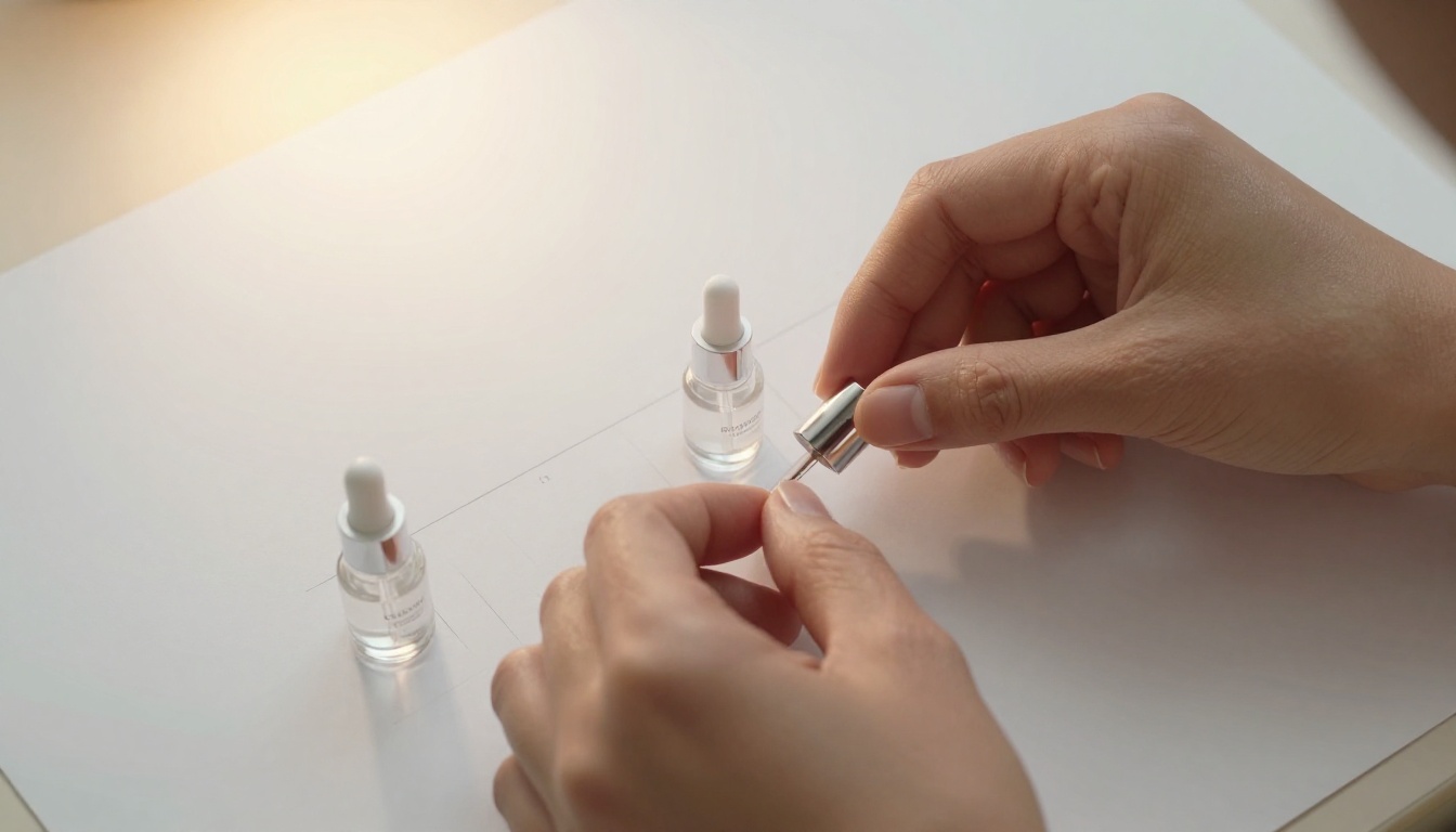 Photographer carefully positioning skincare products into a grid layout in a studio Photographer carefully positioning skincare products into a grid layout in a studio