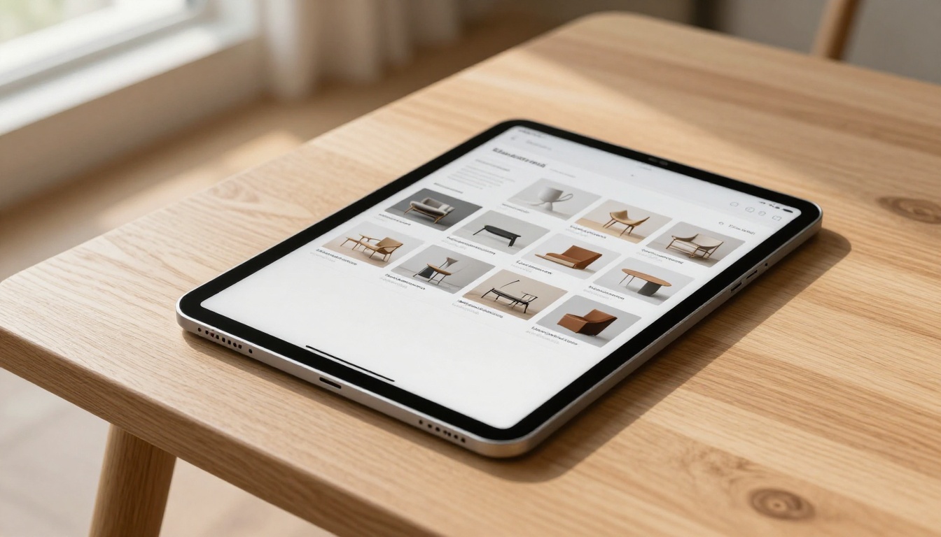 iPad on a natural oak table displaying a digital catalog with a clean product grid layout iPad on a natural oak table displaying a digital catalog with a clean product grid layout