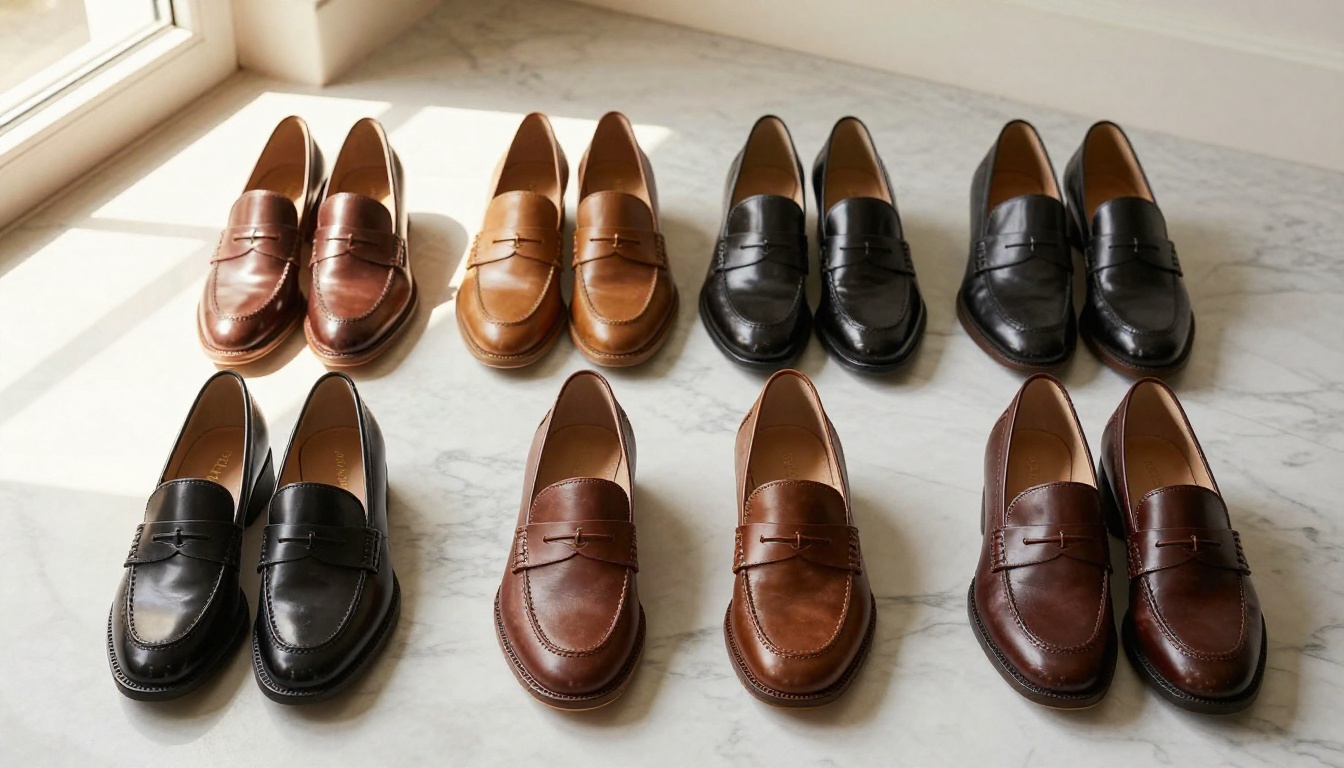 Luxury shoe collection arranged in a 3x2 grid on a white marble floor with warm afternoon light Luxury shoe collection arranged in a 3x2 grid on a white marble floor with warm afternoon light